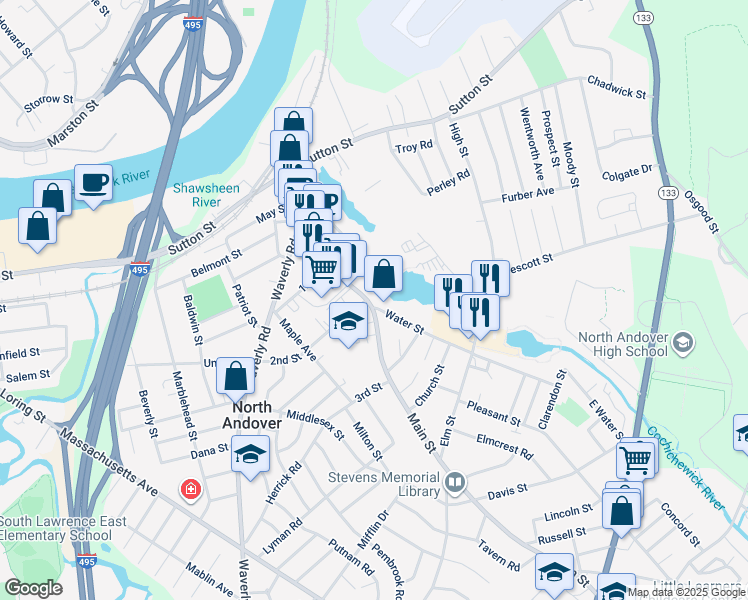 map of restaurants, bars, coffee shops, grocery stores, and more near 149 Main Street in North Andover