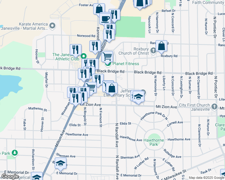 map of restaurants, bars, coffee shops, grocery stores, and more near 1501 Creston Park Drive in Janesville