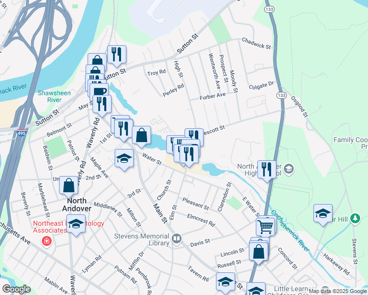 map of restaurants, bars, coffee shops, grocery stores, and more near 30 High Street in North Andover