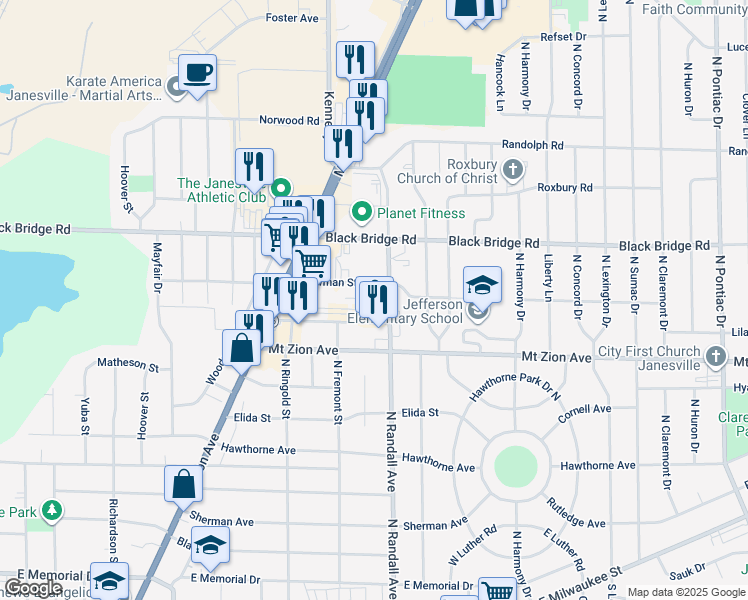 map of restaurants, bars, coffee shops, grocery stores, and more near 1501 Creston Park Drive in Janesville