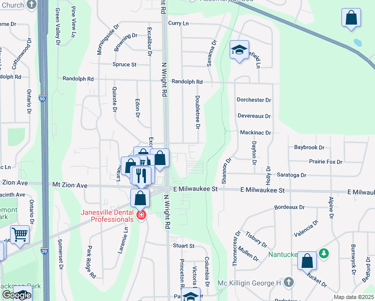 map of restaurants, bars, coffee shops, grocery stores, and more near 3722 La Mancha Drive in Janesville