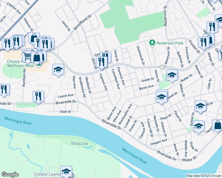 map of restaurants, bars, coffee shops, grocery stores, and more near 48 Cypress Avenue in Methuen