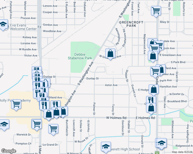 map of restaurants, bars, coffee shops, grocery stores, and more near 427 Dunlap Street in Lansing