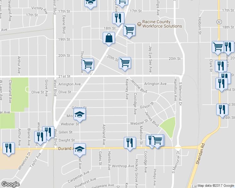 map of restaurants, bars, coffee shops, grocery stores, and more near 2316 Bate Street in Racine