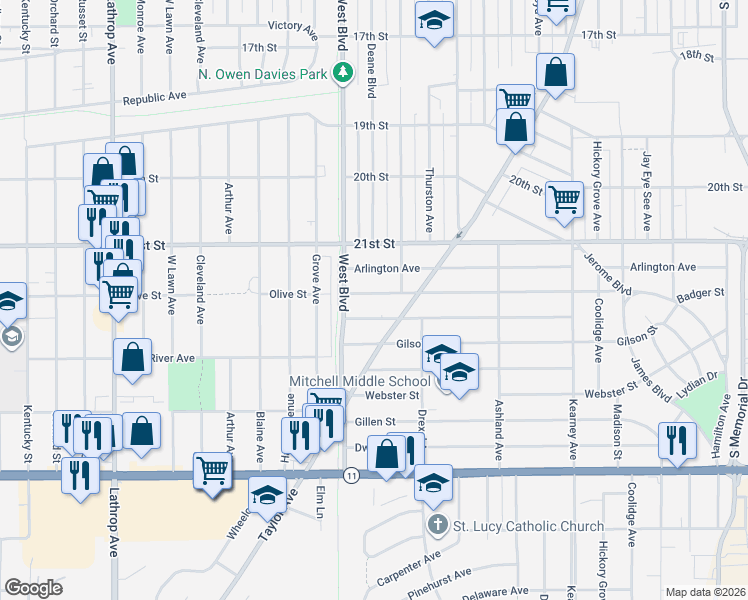 map of restaurants, bars, coffee shops, grocery stores, and more near 2920 Bate Street in Racine