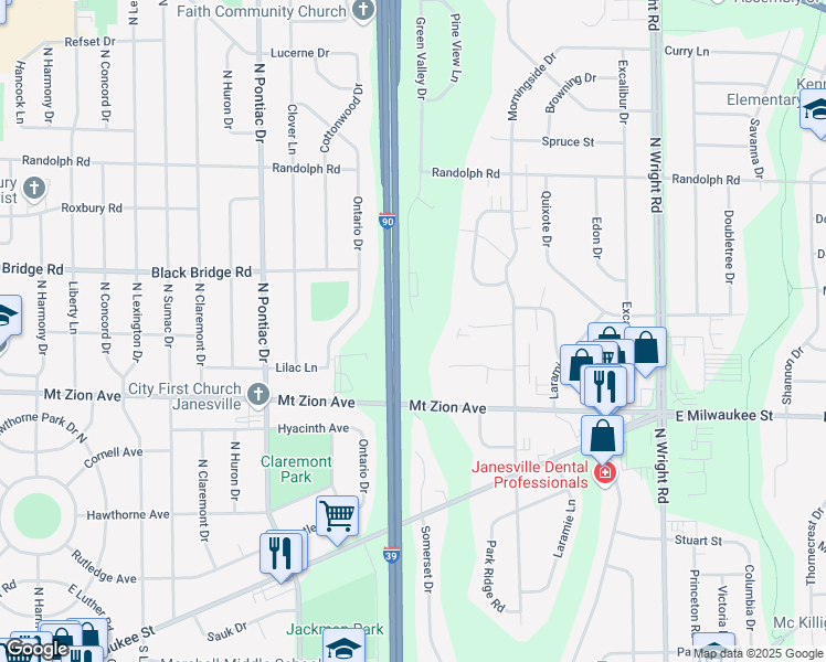 map of restaurants, bars, coffee shops, grocery stores, and more near 1604 Green Valley Drive in Janesville