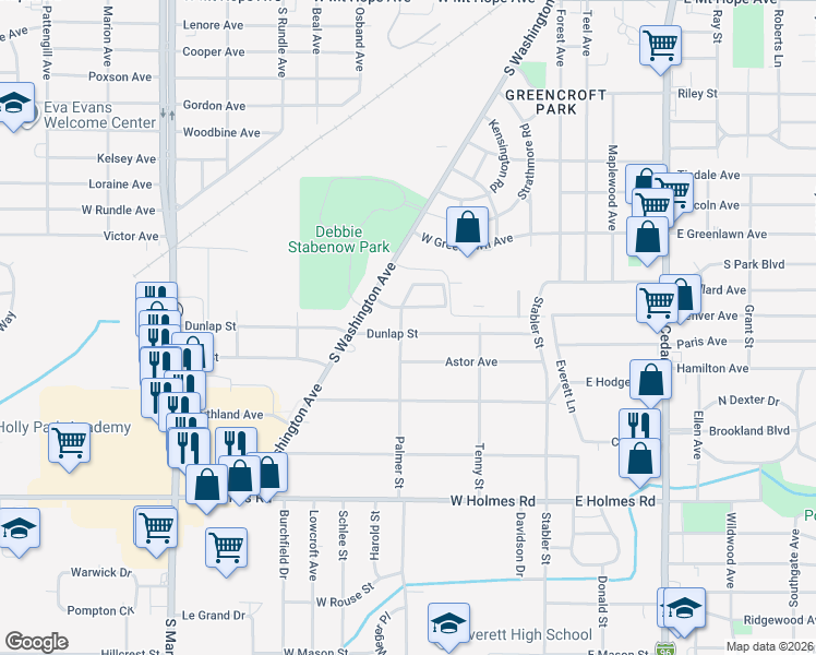 map of restaurants, bars, coffee shops, grocery stores, and more near 427 Dunlap Street in Lansing
