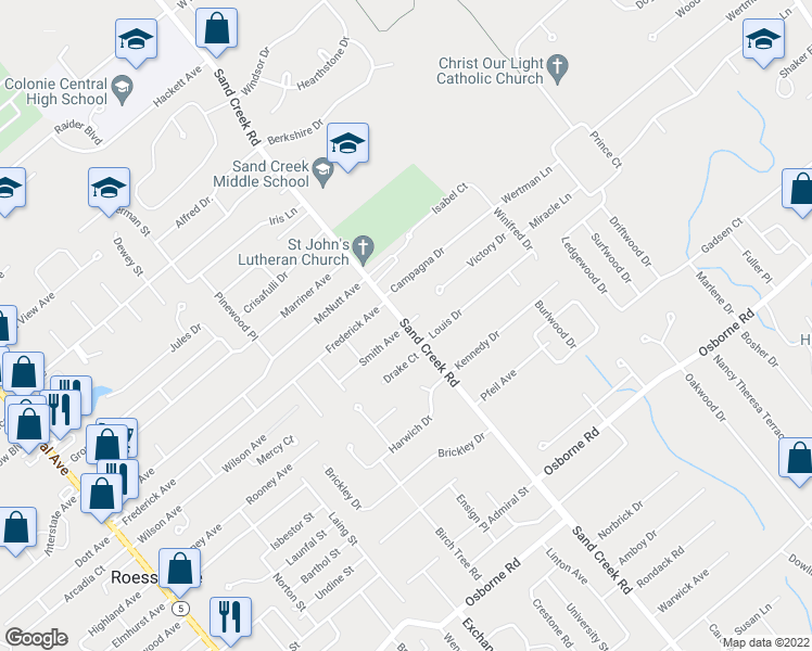 map of restaurants, bars, coffee shops, grocery stores, and more near Sand Creek Road in Albany