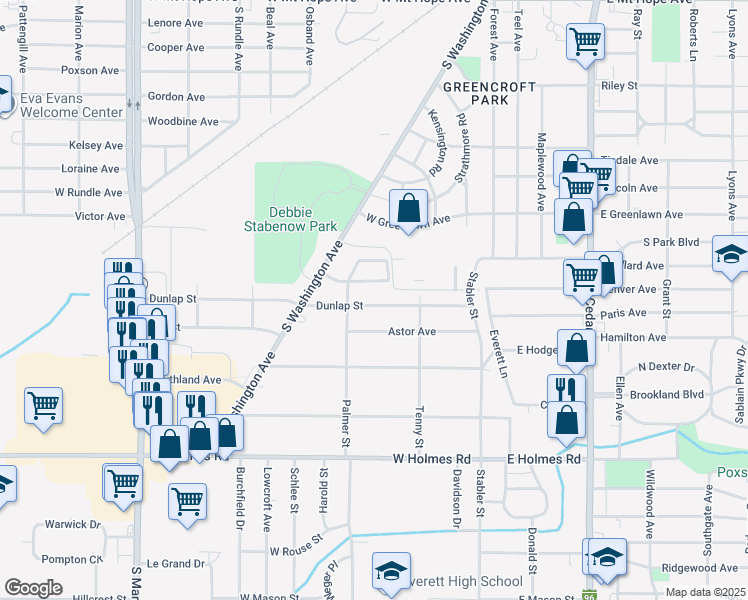 map of restaurants, bars, coffee shops, grocery stores, and more near 427 Dunlap Street in Lansing