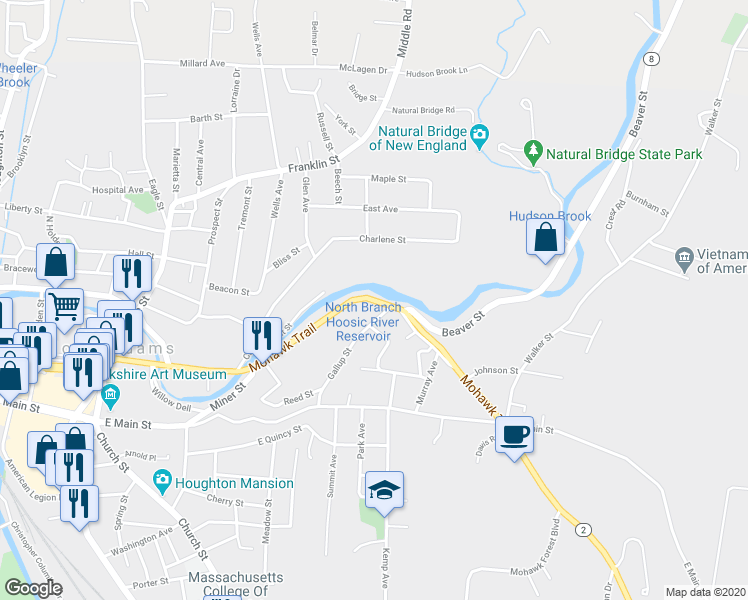map of restaurants, bars, coffee shops, grocery stores, and more near 439 Union Street in North Adams