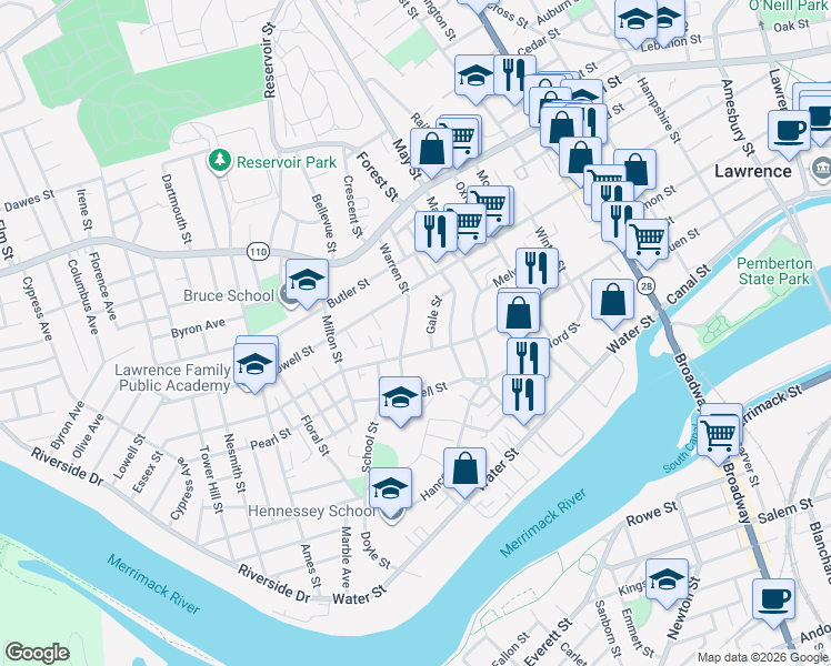 map of restaurants, bars, coffee shops, grocery stores, and more near 25 Warren Street in Lawrence