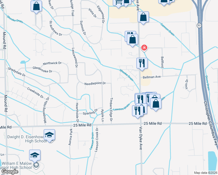 map of restaurants, bars, coffee shops, grocery stores, and more near 55537 Timbers Edge Drive in Shelby charter Township