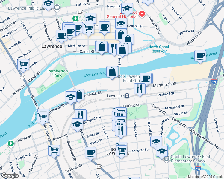 map of restaurants, bars, coffee shops, grocery stores, and more near 62 Merrimack Street in Lawrence