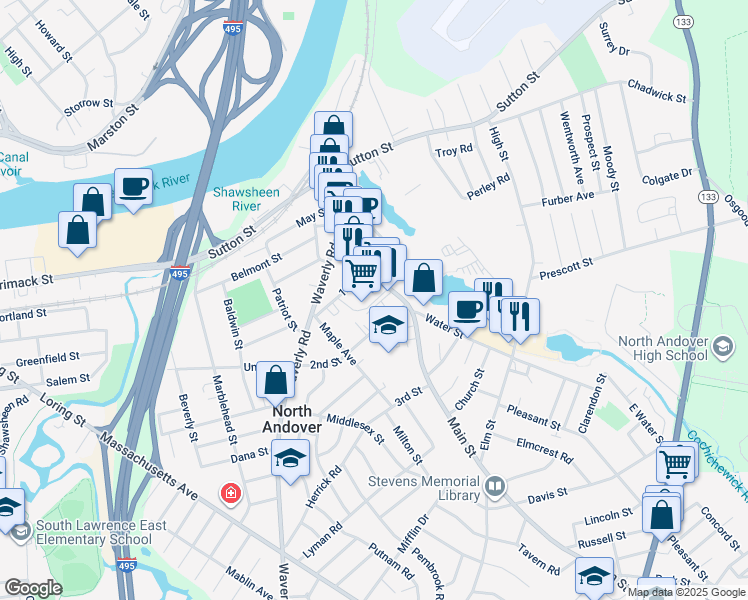 map of restaurants, bars, coffee shops, grocery stores, and more near 28 School Street in North Andover
