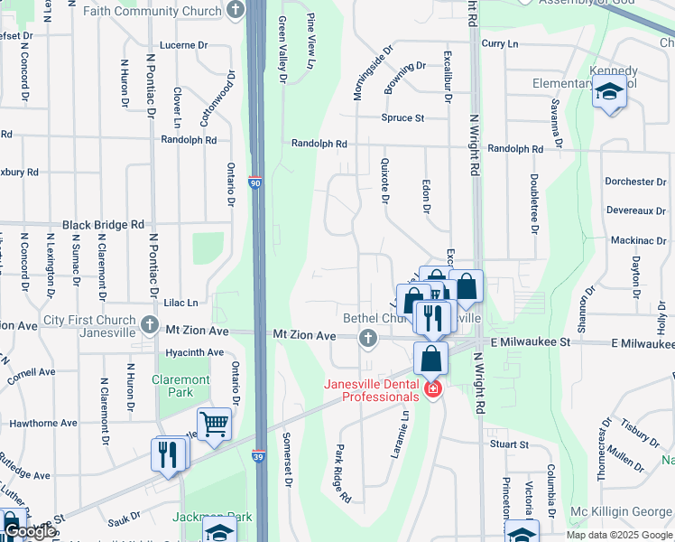 map of restaurants, bars, coffee shops, grocery stores, and more near 3121 Village Court in Janesville