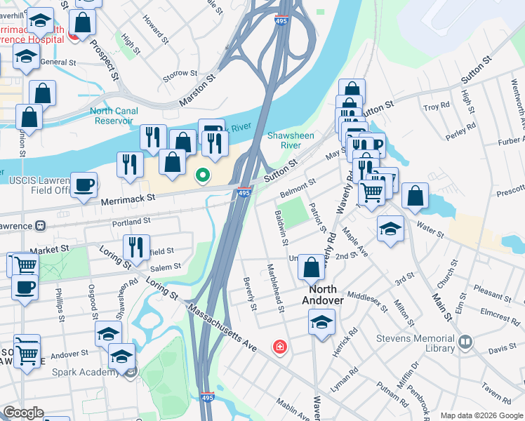 map of restaurants, bars, coffee shops, grocery stores, and more near 34 Marblehead Street in North Andover