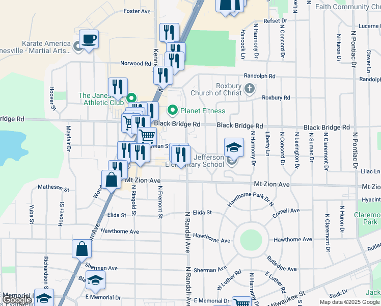 map of restaurants, bars, coffee shops, grocery stores, and more near 1620 Creston Park Drive in Janesville
