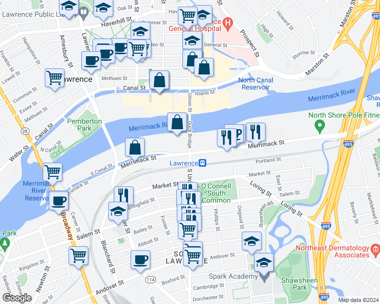 map of restaurants, bars, coffee shops, grocery stores, and more near 62 Merrimack Street in Lawrence