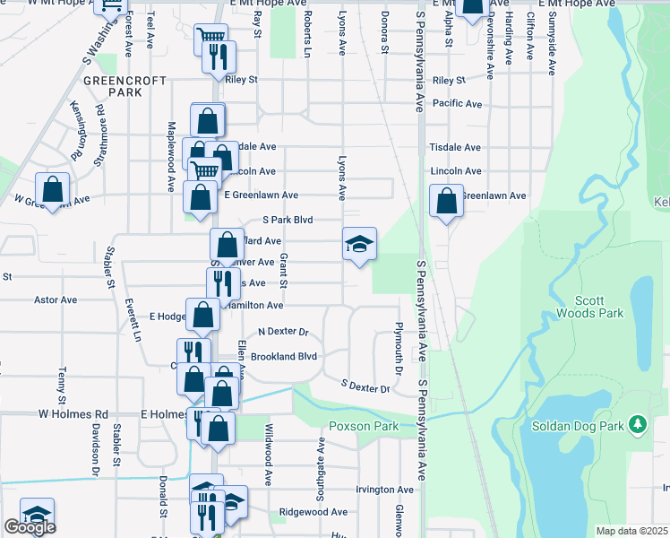 map of restaurants, bars, coffee shops, grocery stores, and more near 644 Paris Avenue in Lansing