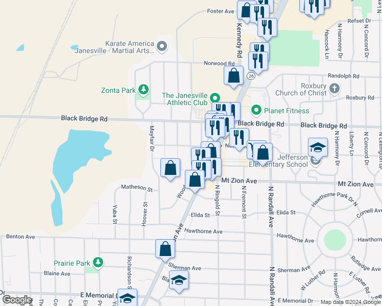 map of restaurants, bars, coffee shops, grocery stores, and more near 1403 Woodman Road in Janesville