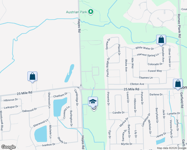 map of restaurants, bars, coffee shops, grocery stores, and more near 55176 Breton Woods Drive in Macomb