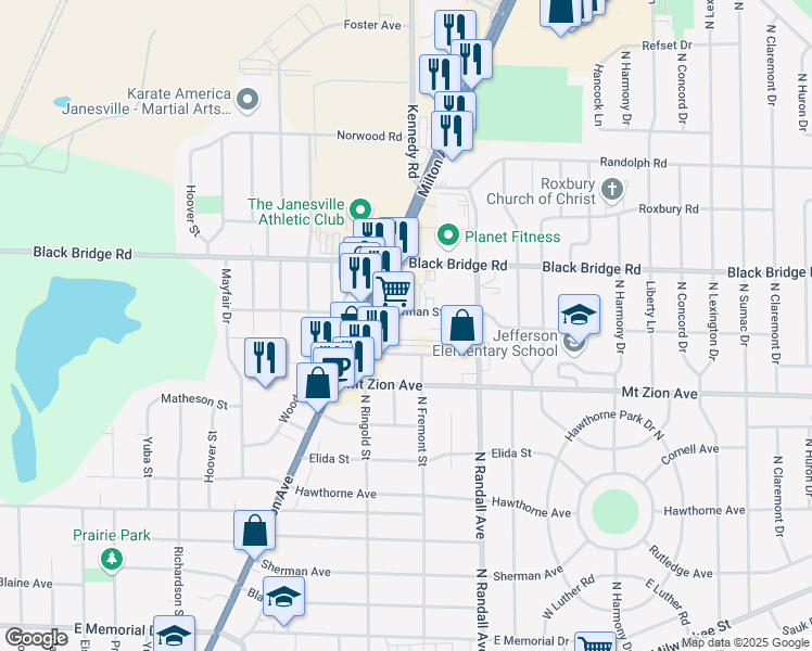 map of restaurants, bars, coffee shops, grocery stores, and more near 1407 Creston Park Drive in Janesville