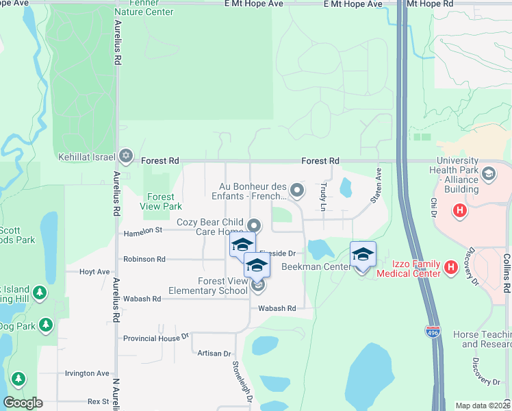 map of restaurants, bars, coffee shops, grocery stores, and more near 2819 Stoneleigh Drive in Lansing