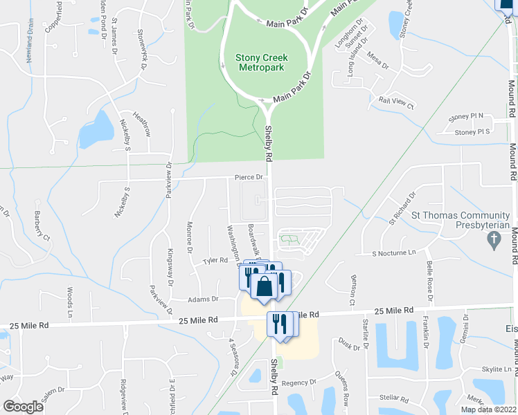 map of restaurants, bars, coffee shops, grocery stores, and more near 4335 Elaine Court in Shelby charter Township