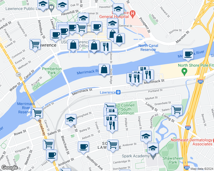 map of restaurants, bars, coffee shops, grocery stores, and more near 4 Merrimack Street in Lawrence