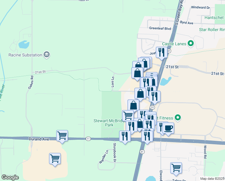 map of restaurants, bars, coffee shops, grocery stores, and more near 2248 Loni Lane in Racine