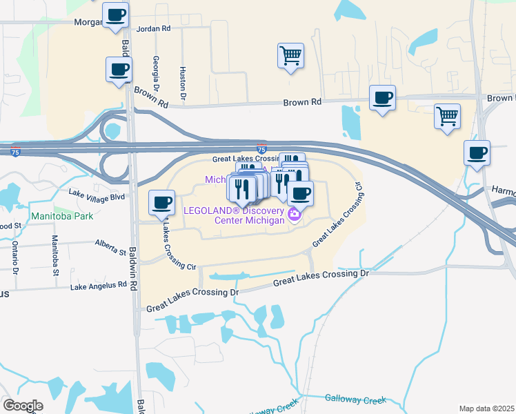 map of restaurants, bars, coffee shops, grocery stores, and more near 4000 Baldwin Road in Auburn Hills