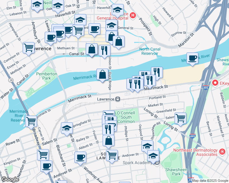 map of restaurants, bars, coffee shops, grocery stores, and more near 280 Merrimack Street in Lawrence