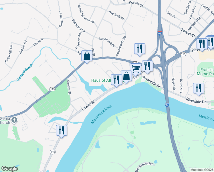 map of restaurants, bars, coffee shops, grocery stores, and more near 486 Riverton in Methuen