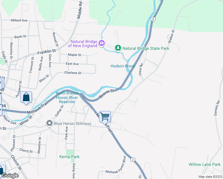 map of restaurants, bars, coffee shops, grocery stores, and more near 88-134 Beaver Street in North Adams