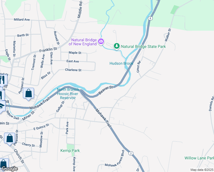 map of restaurants, bars, coffee shops, grocery stores, and more near 88-134 Beaver Street in North Adams