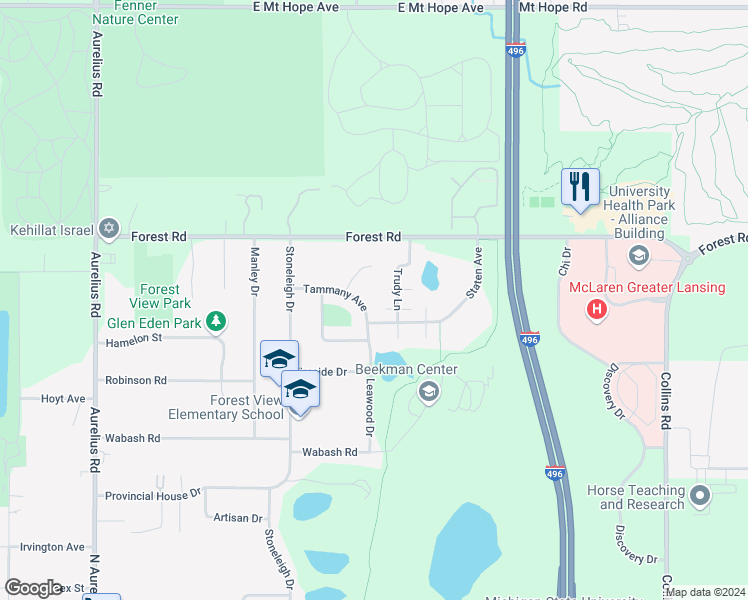 map of restaurants, bars, coffee shops, grocery stores, and more near 2801 Staten Avenue in Lansing