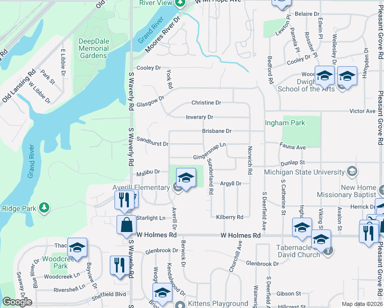 map of restaurants, bars, coffee shops, grocery stores, and more near 3501 Ginger Snap Lane in Lansing