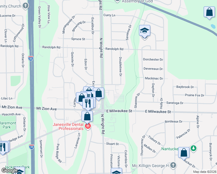 map of restaurants, bars, coffee shops, grocery stores, and more near 3601 East Milwaukee Street in Janesville