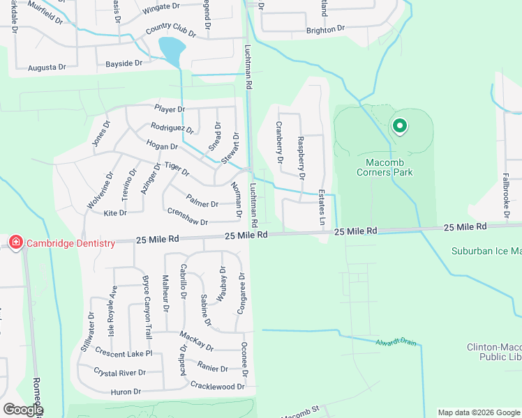 map of restaurants, bars, coffee shops, grocery stores, and more near 55042 Norman Drive in Macomb