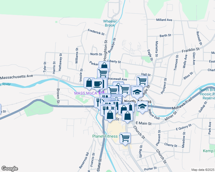 map of restaurants, bars, coffee shops, grocery stores, and more near 34-98 Marshall Street in North Adams