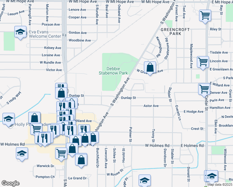 map of restaurants, bars, coffee shops, grocery stores, and more near 2920 South Washington Avenue in Lansing