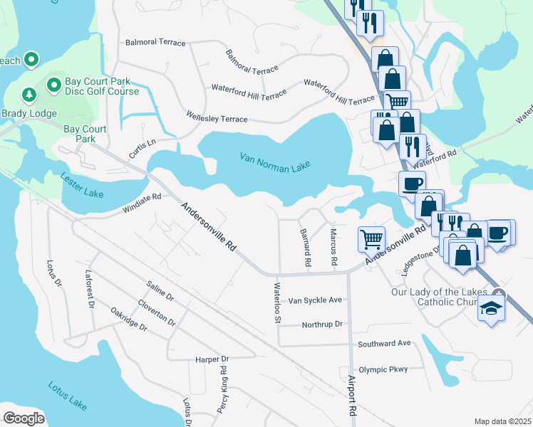 map of restaurants, bars, coffee shops, grocery stores, and more near 6334 Andersonville Road in Waterford Township