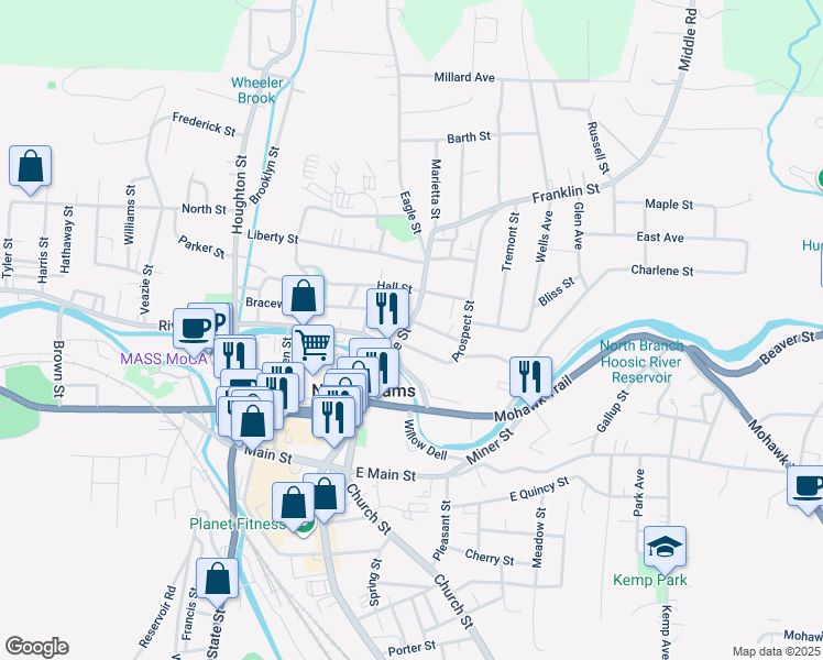 map of restaurants, bars, coffee shops, grocery stores, and more near 166 Eagle Street in North Adams