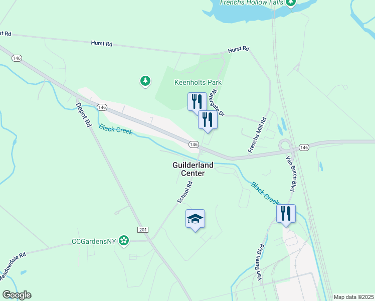 map of restaurants, bars, coffee shops, grocery stores, and more near in Guilderland Center