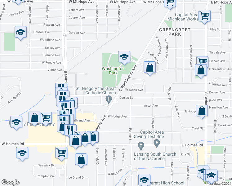 map of restaurants, bars, coffee shops, grocery stores, and more near 3010 South Washington Avenue in Lansing