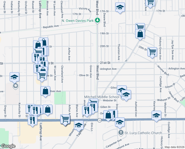 map of restaurants, bars, coffee shops, grocery stores, and more near 2318 Grove Avenue in Racine
