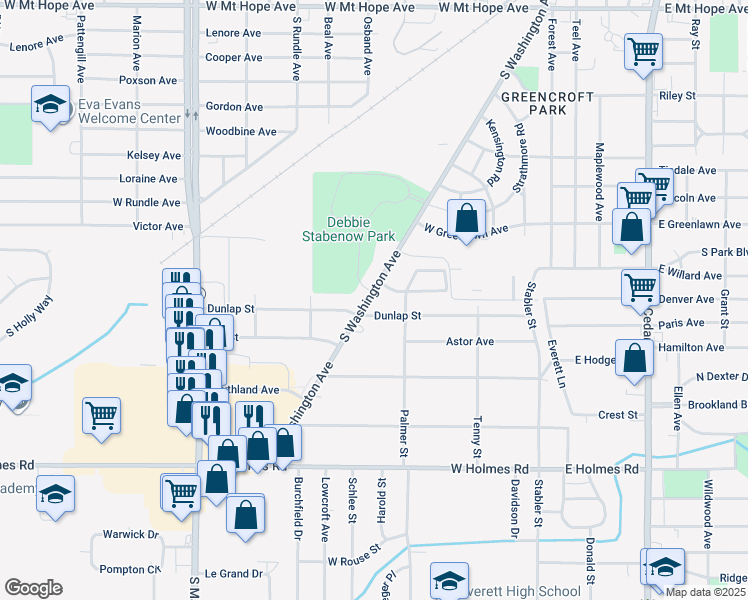 map of restaurants, bars, coffee shops, grocery stores, and more near 2907 South Washington Avenue in Lansing
