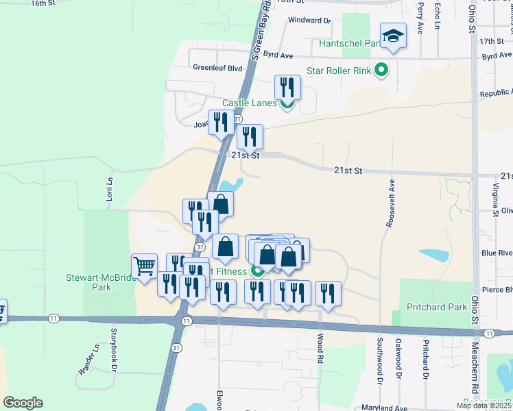 map of restaurants, bars, coffee shops, grocery stores, and more near 2211 South Green Bay Road in Racine