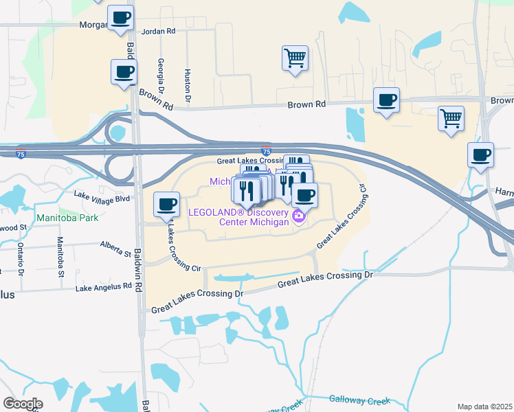 map of restaurants, bars, coffee shops, grocery stores, and more near 4000 Baldwin Road in Auburn Hills