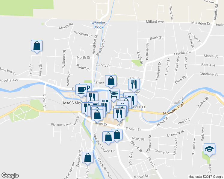 map of restaurants, bars, coffee shops, grocery stores, and more near North Holden Street in North Adams